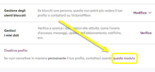 come eliminare l'account di victoria milan